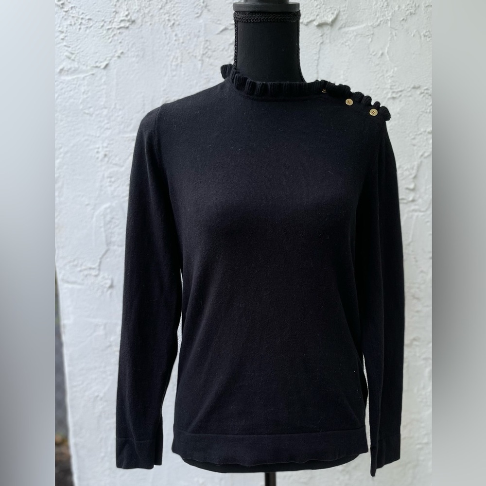J. Crew Factory Black Ruffle Sweater with Gold Buttons Cotton Size Small